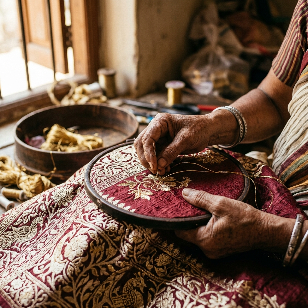 Artisan hand-embroidering pure gold zari